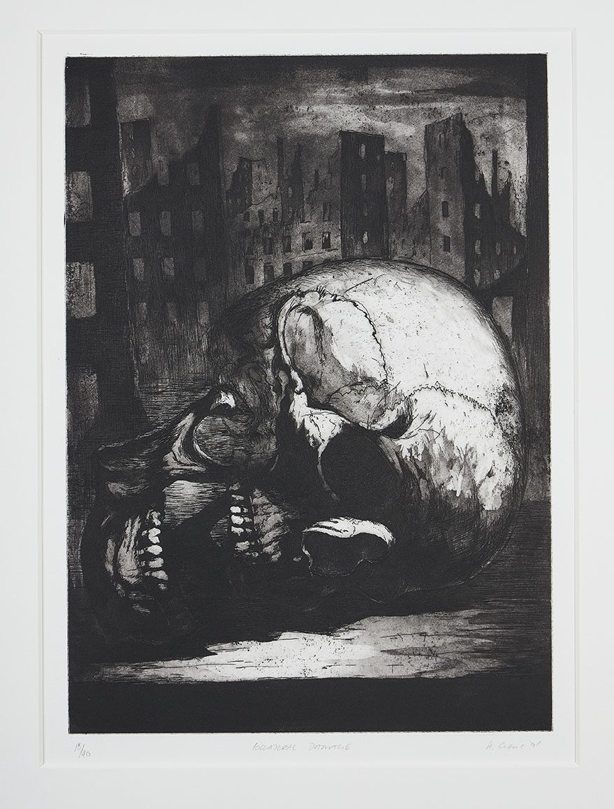 Human scull lying on side with mouth open - black and white print - Ken Currie