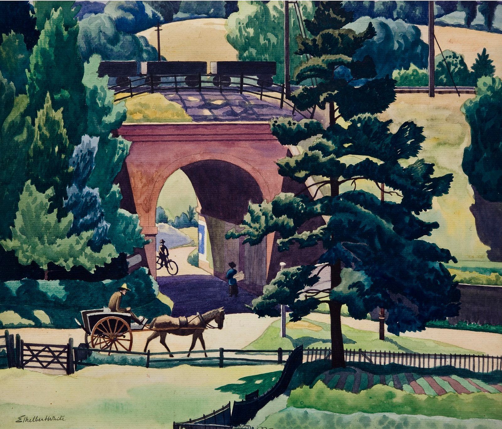 View of a railway bridge with rolling stock traveling across it. A person on a bike rides underneath the bridge towards someone else carrying a large bundle. In the foreground a horse and cart walks towards a green tree.