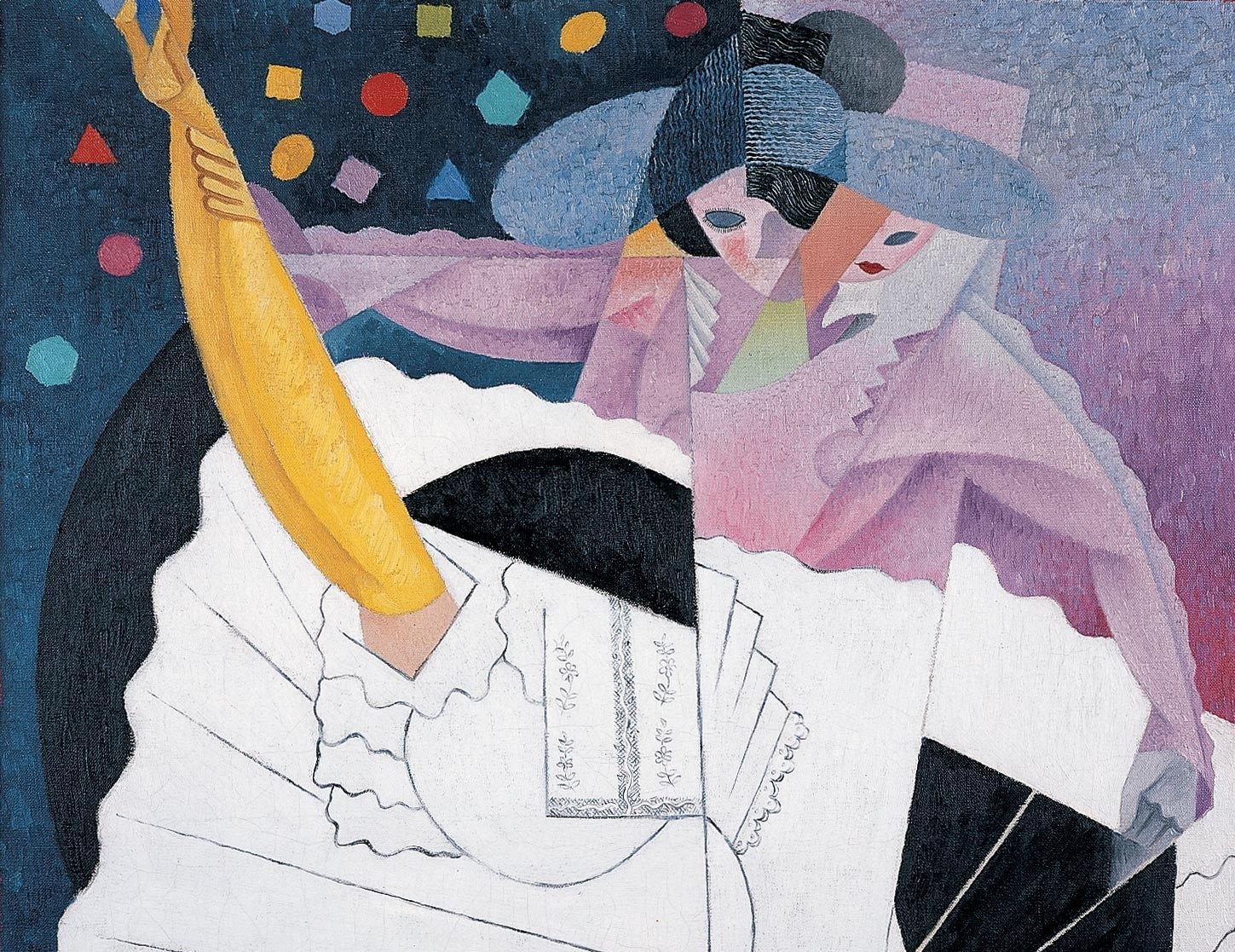 Painting by Gino Severini in cubist style with geometric shapes and patterns. Depicts a full length view of a dancer performing the Can-Can, wearing yellow hose and white petticoats.