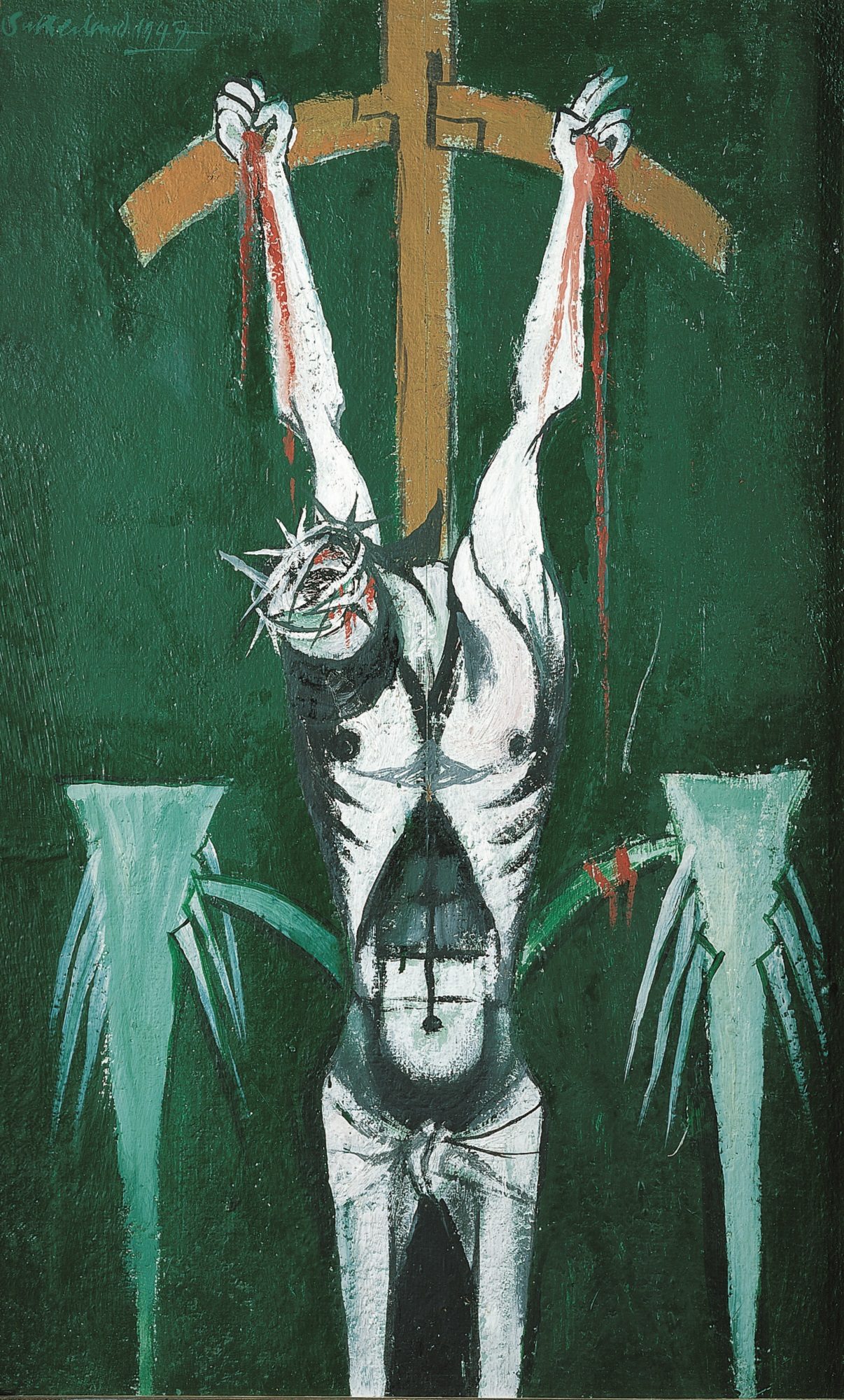 Painting depicting Jesus hanging on the cross, his head bowed and with an emaciated torso against a green background