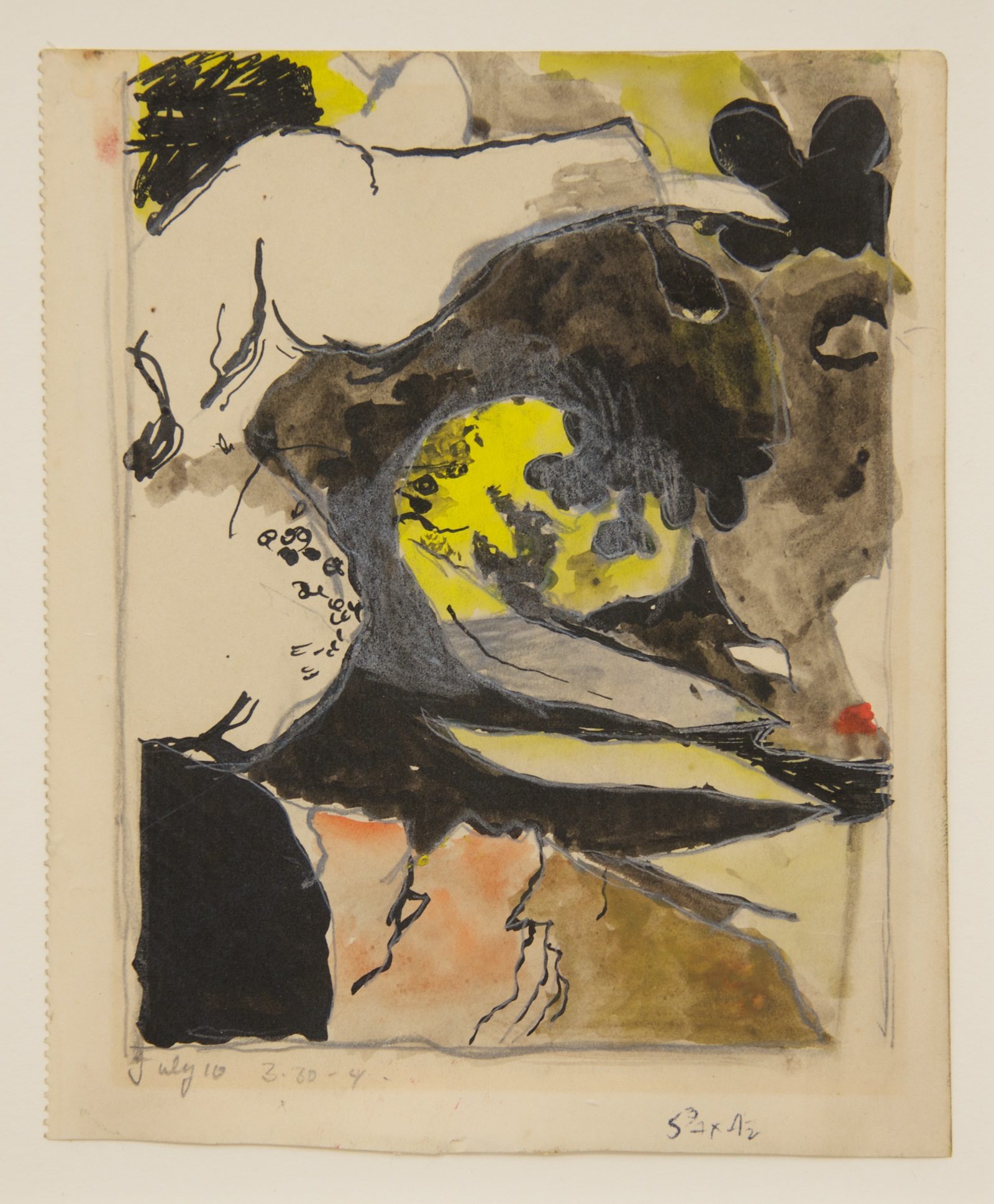 Somewhat abstracted view of a country lane with pathes of black and grey representing shadows and trees with a yellow light in the distance.