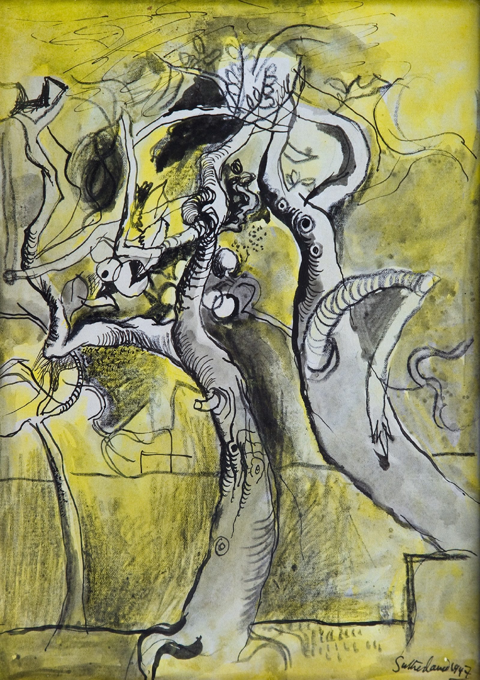 Two black and white trees devpoid of leaves and bending towards and away from each other against a yellow background