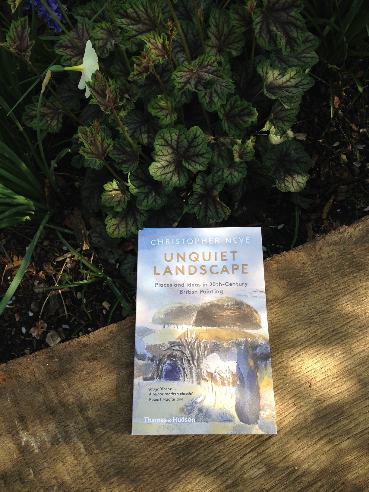 A photograph of the Unquiet Landscape book on a wooden bench against foliage in the background.