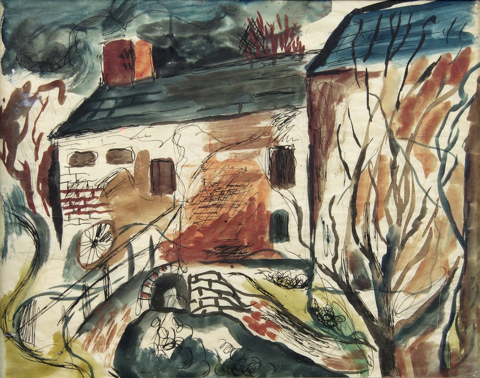 A view of a small brick building seen from the other side of a small bridge over a stream