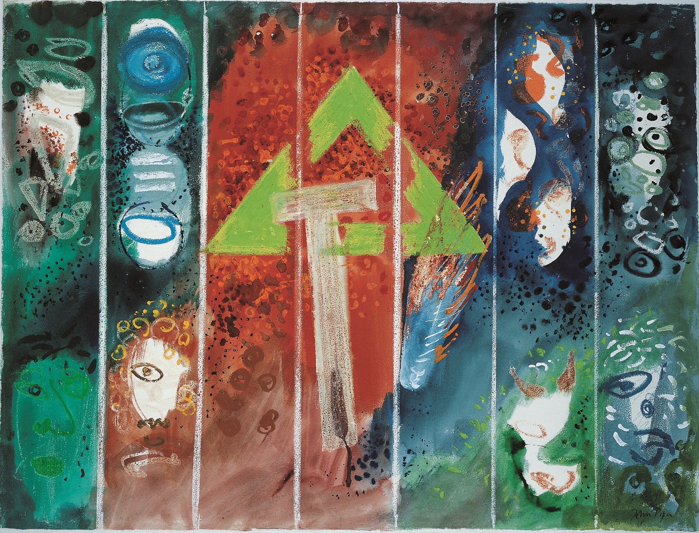 Abstract design divided into 7 panels - 2 outer panels each with one of the elements at the top & a symbol of a gospel saint beneath. Cross & triangle of Holy Trinity over the 3 central panels.