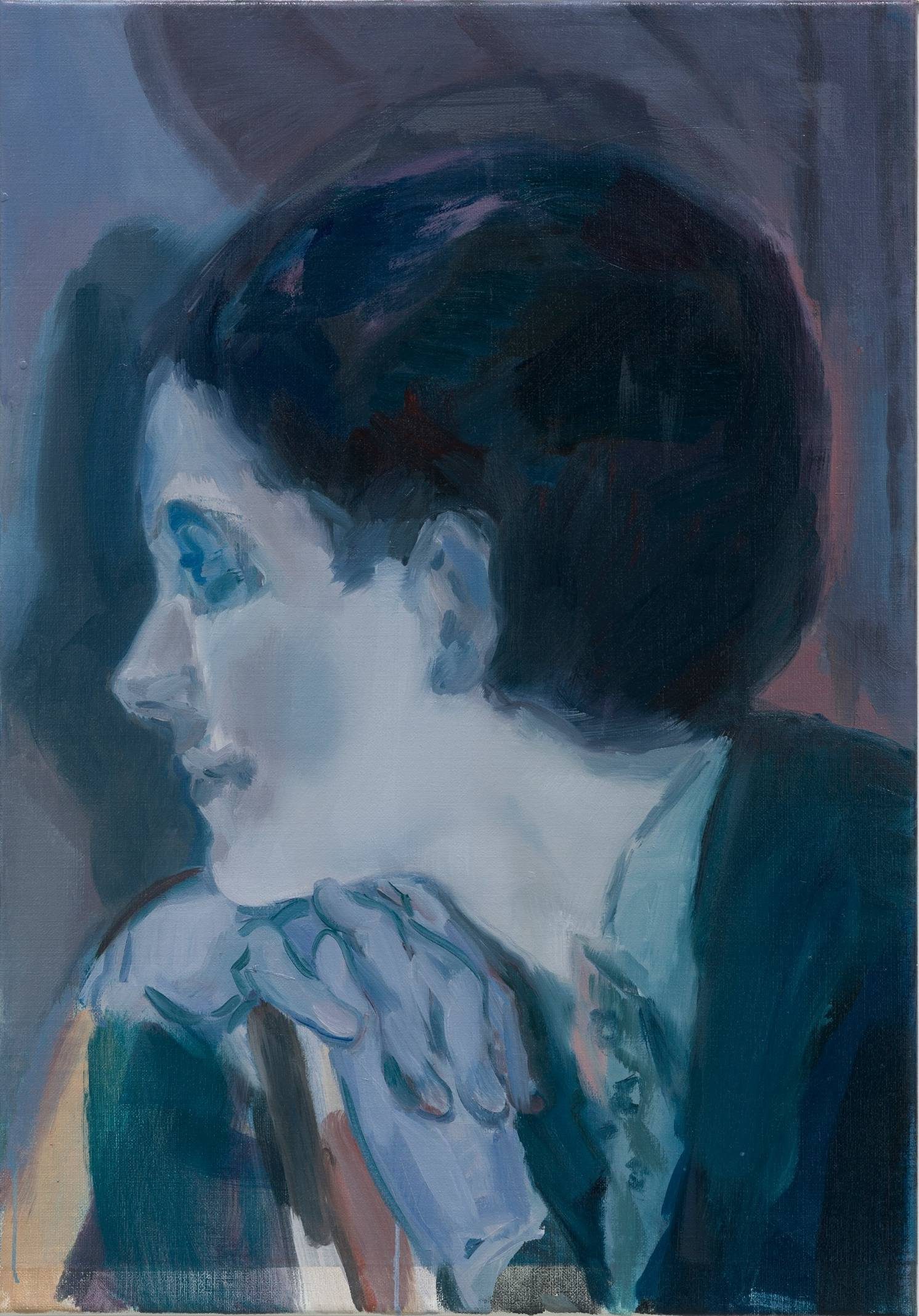 A portrait of a woman with short dark hair sitting in profile facing to the left, in tones of blue and grey