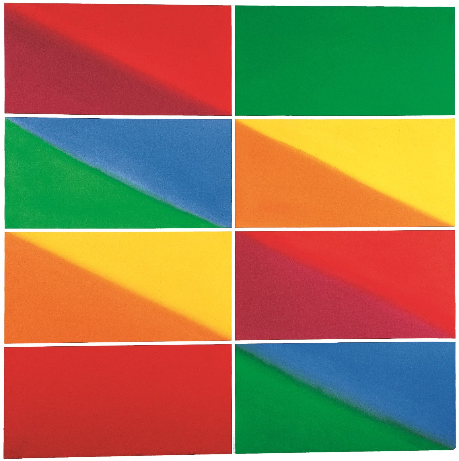 Abstract painting of eight blocks of colour in shades of red, green, yellow, orange and blue. All but two of the blocks are divided diagonally to feature two colours.