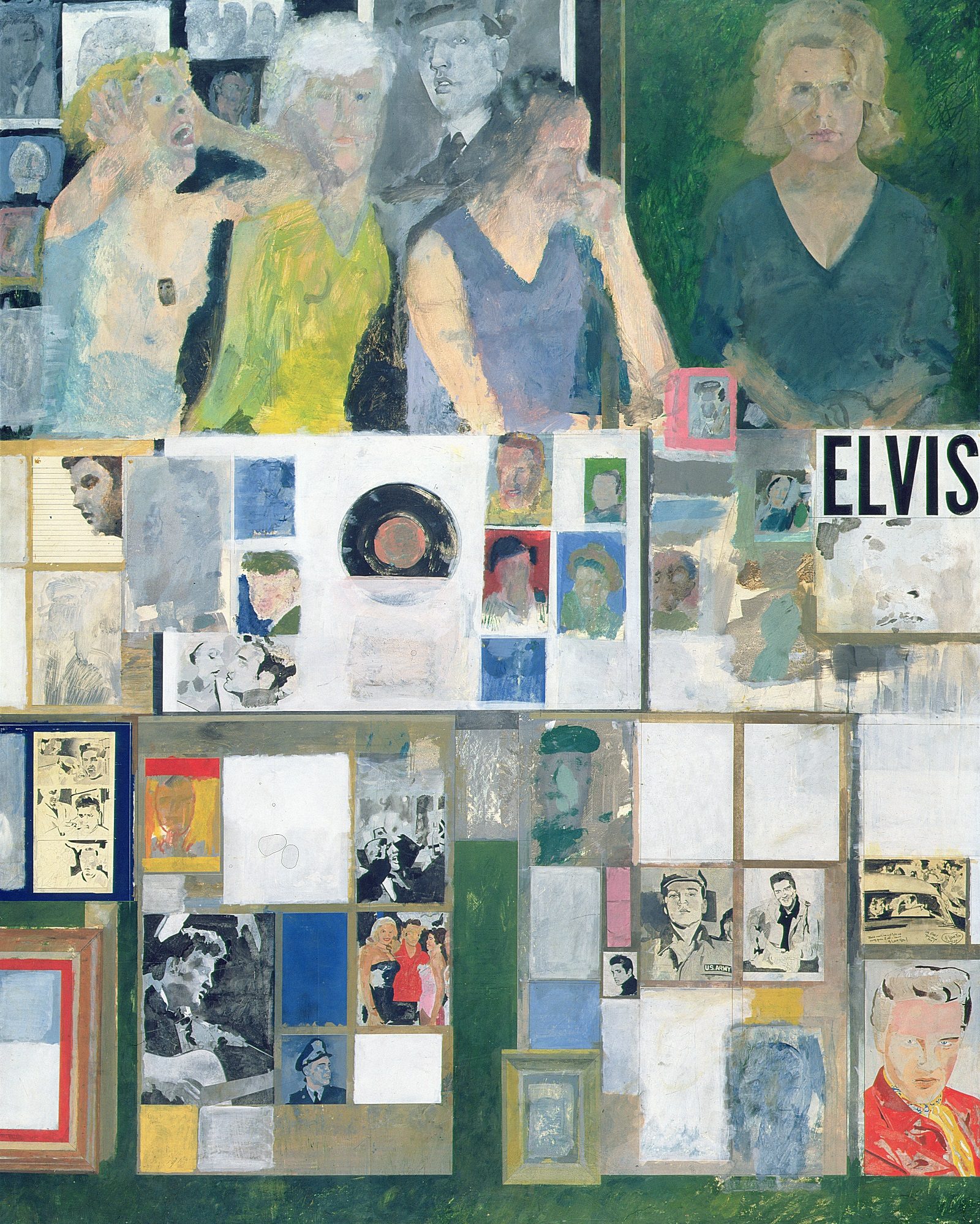 A painting featuring female fans in top third with panels of Elvis pictures and paraphernalia below.