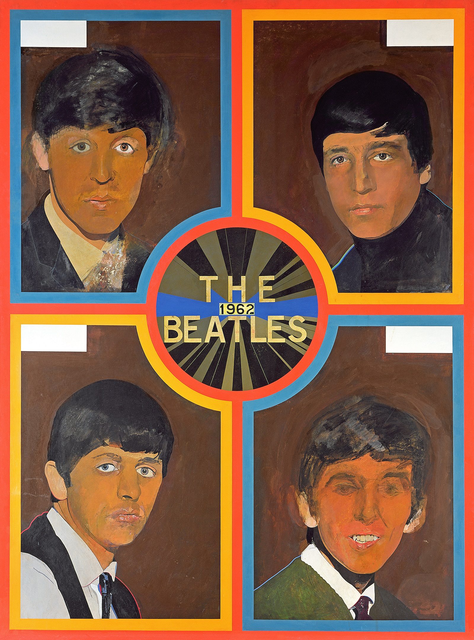 Picture divided into four, each corner with a portrait of one of the Beatles. Circle at centre with the legend 