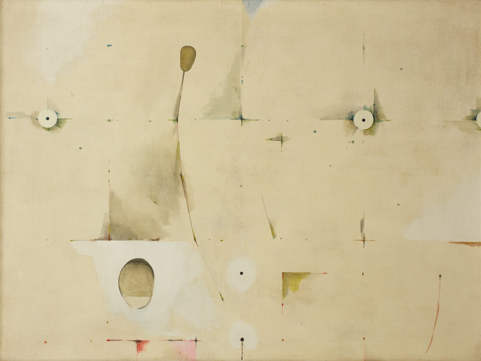 Painting in creams and browns with circles and triangles in different shades