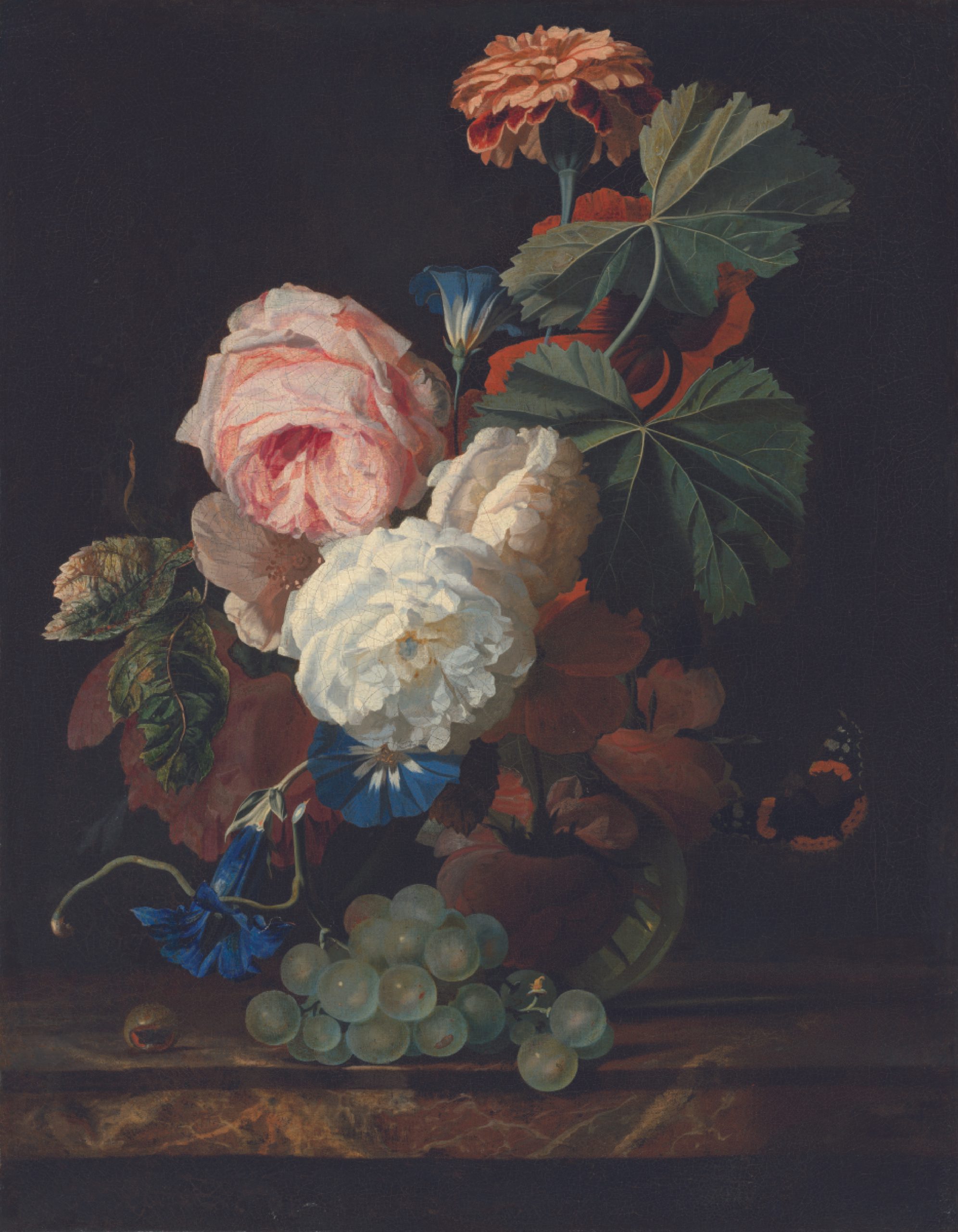 Painting of a vase of flowers with a butterfly and grapes