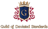 Guild of Deviated Standards logo.  Shield surrounded by filagree on the left, right and bottom of the shield, with a crown on top and the text Guild of Deviated Standards beneath